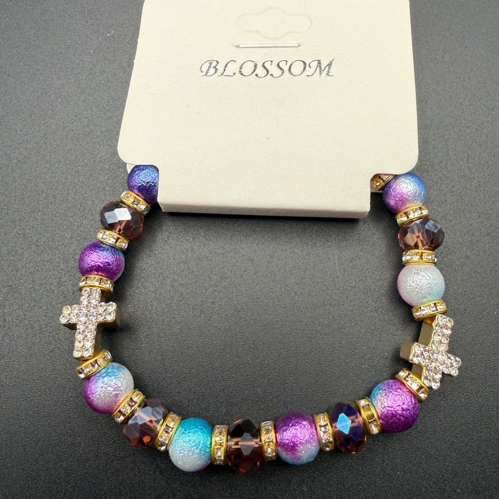 Beaded Cross Bracelet Gold Tone Purple Blue Rhinestone Stretch‎ New